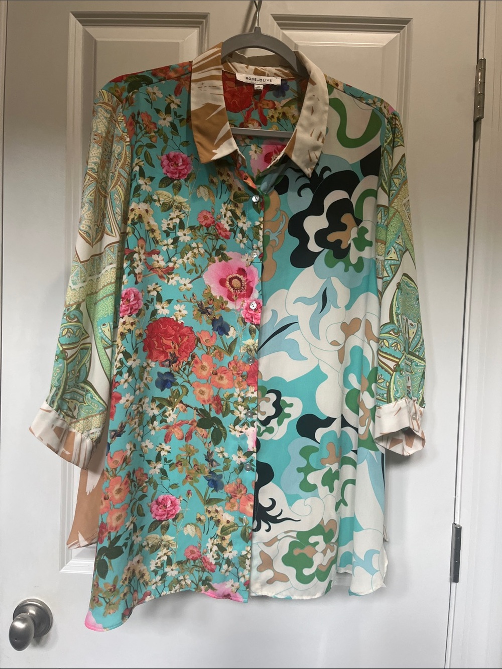 Rose & Olive Teal Multi Floral & Abstract Button-Up Blouse